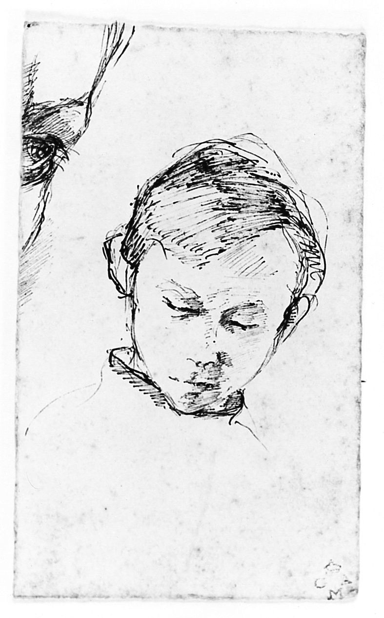 Testa di bambino (Jean Jacques), (r.), Porticato, (v.), ritratto di bambino, veduta di un palazzo (disegno) di Chaplin Elisabeth (sec. XX)