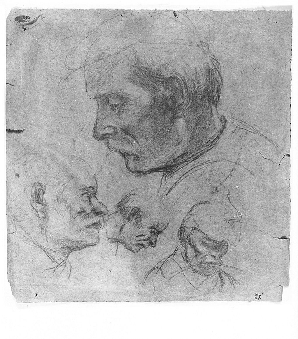 Mani, (v.), testa d'uomo, (r.), particolari anatomici, (v.) (disegno) di Chaplin Elisabeth (sec. XX)