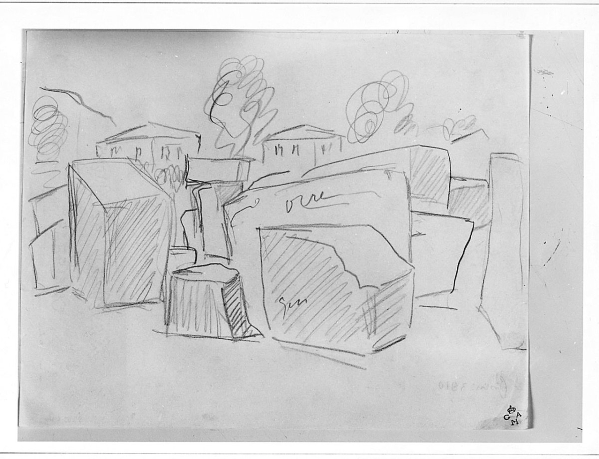 Paesaggio con blocchi di marmo, paesaggio (disegno) di Chaplin Elisabeth (sec. XX)