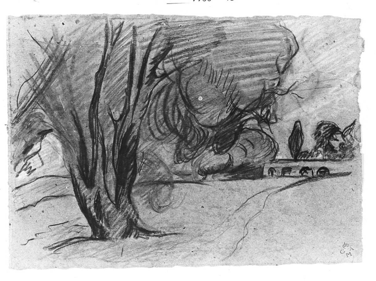 paesaggio, testa d'uomo (disegno) di Chaplin Elisabeth (sec. XX)