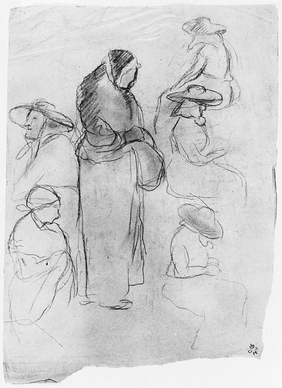 Quattro schizzi caricaturali, (v.), figure femminili, figure maschili (disegno) di Chaplin Elisabeth (sec. XX)