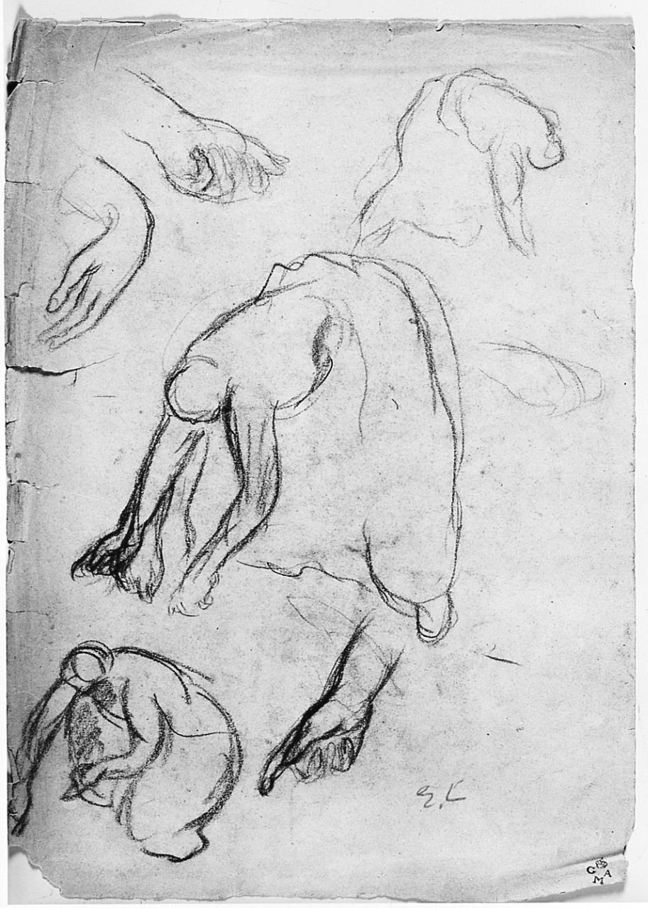 Contadine al raccolto e Mani, (r.), Contadine inginocchiate, (v.), figure femminili (disegno) di Chaplin Elisabeth (sec. XX)