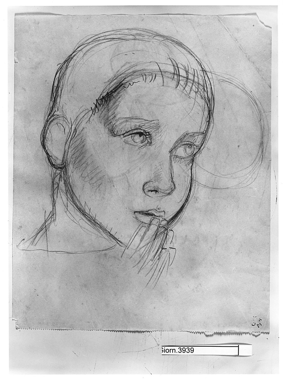 ritratto di bambino, figura maschile inginocchiata (disegno) di Chaplin Elisabeth (sec. XX)