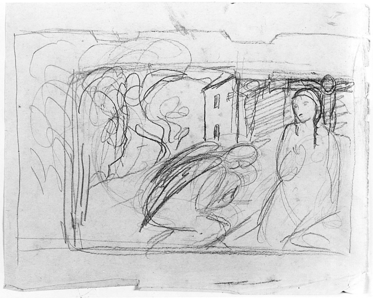 Annunciazione, (r.), fuga in Egitto, (v.) (disegno) di Chaplin Elisabeth (sec. XX)