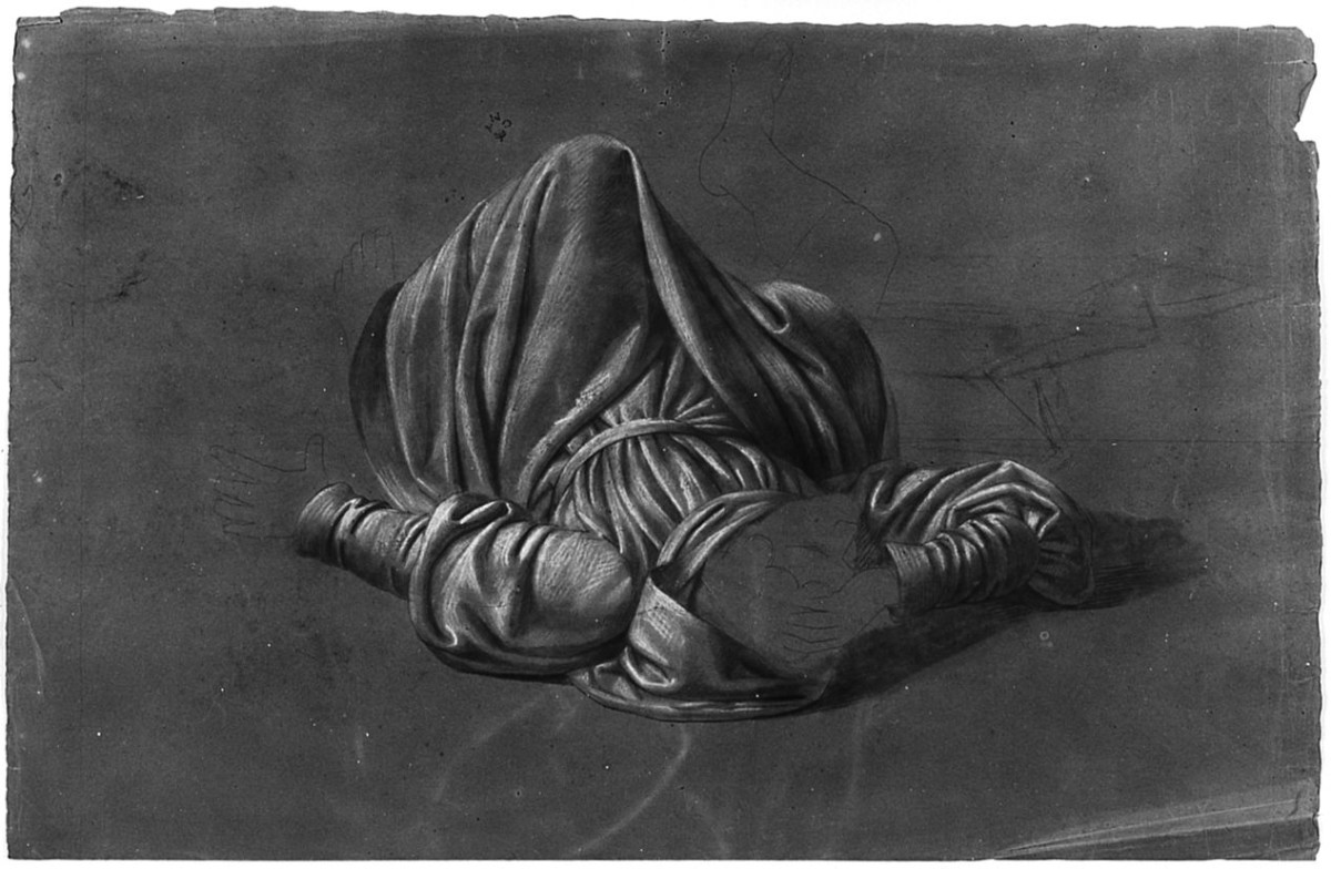 Figura maschile ammantata per terra, (r.), Figura inginocchiata, (v.), figura maschile distesa, figura maschile inginocchiata (disegno) di Conti Giacomo (metà sec. XIX)