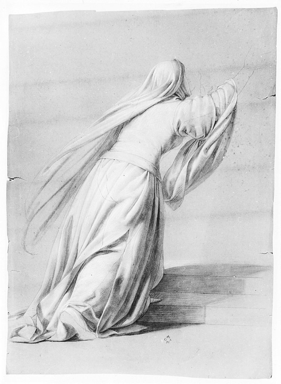 Figura femminile in costume medievale, figura femminile panneggiata (disegno) di Conti Giacomo (metà sec. XIX)