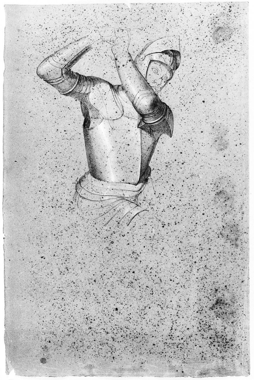 Figura maschile in armatura, (r.), Nudo maschile a cavallo, (v.), figura maschile, figura maschile (disegno) di Conti Giacomo (metà sec. XIX)