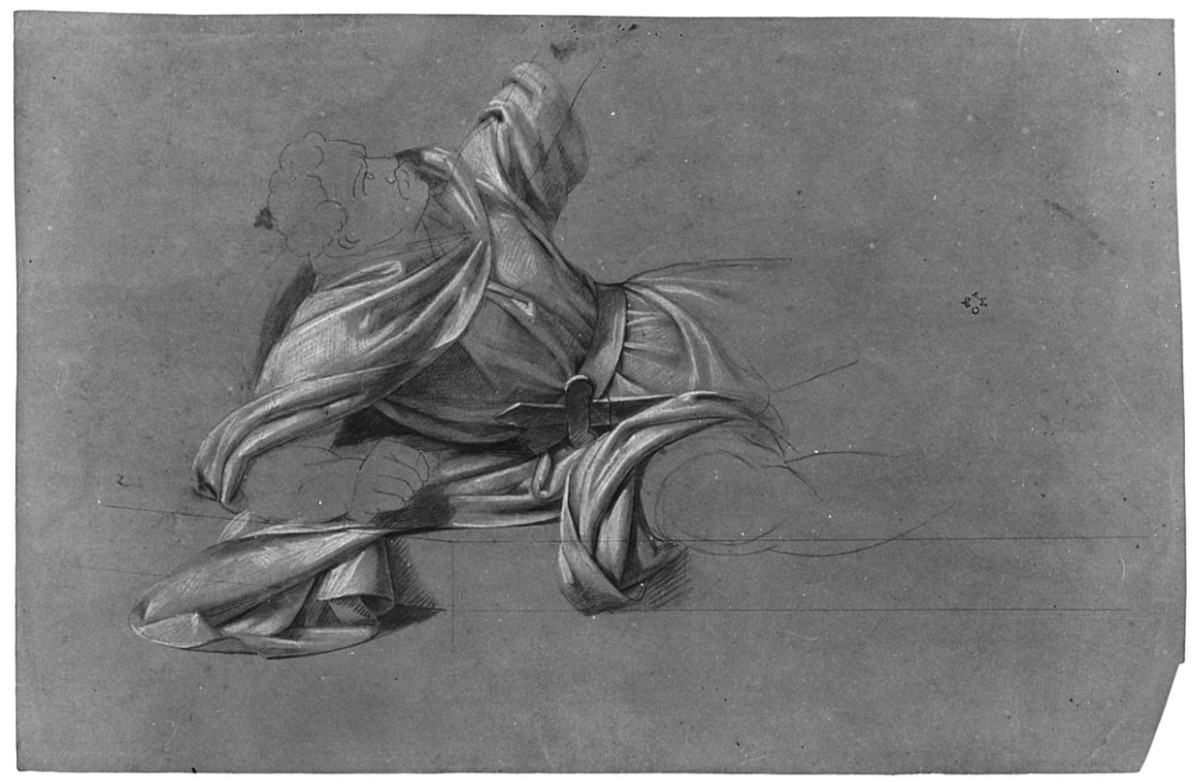 Figura maschile distesa in costume medievale, figura maschile distesa (disegno) di Conti Giacomo (metà sec. XIX)