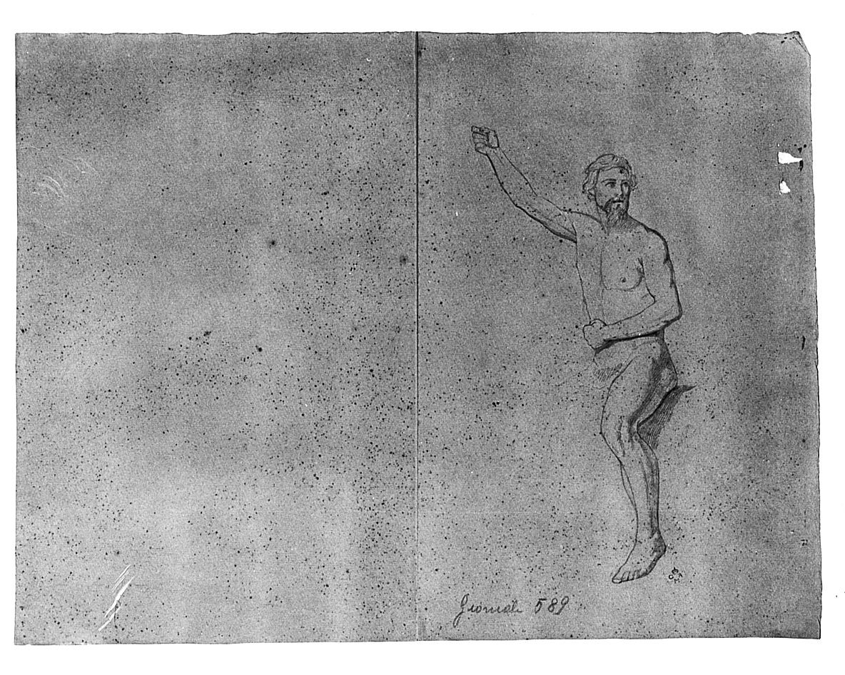 Nudo maschile a cavallo, (r.), Due nudi maschili, (v.), figura maschile, figure maschili (disegno) di Conti Giacomo (metà sec. XIX)
