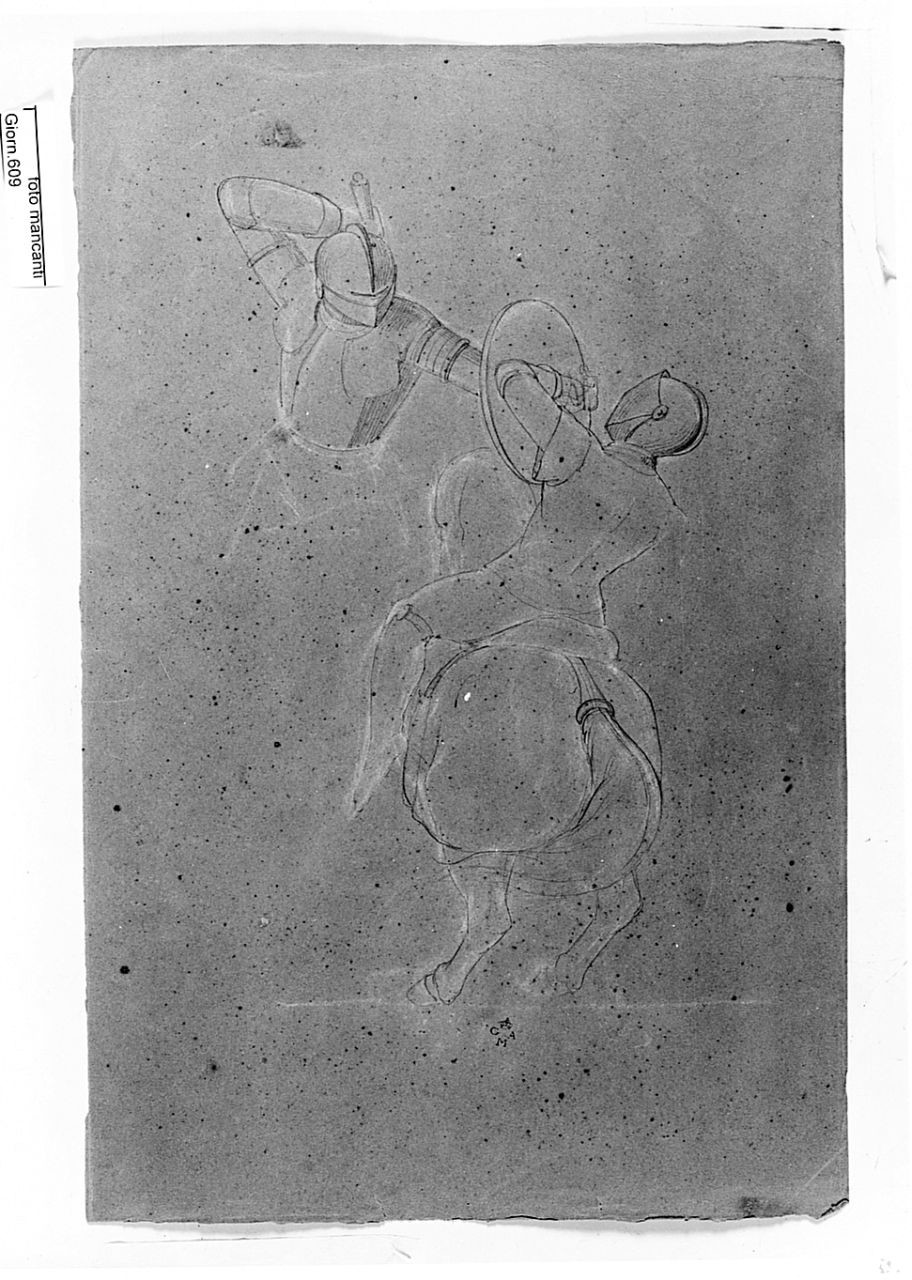 Cavalieri in combattimento, (r.), Nudo maschile a cavallo, (v.), cavalieri, giovane a cavallo (disegno) di Conti Giacomo (metà sec. XIX)