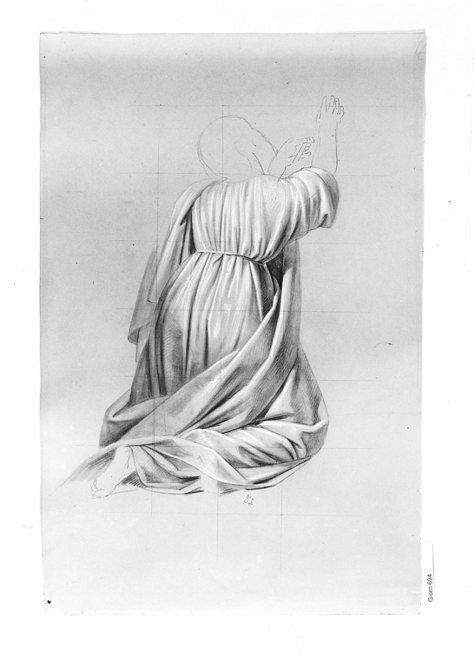 Figura inginocchiata, (r.), Figura inginocchiata, (v.), figura femminile inginocchiata (disegno) di Conti Giacomo (metà sec. XIX)