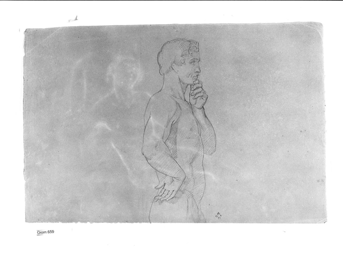 Nudo maschile, (r.), Nudo maschile per terra, (v.), figura maschile (disegno) di Conti Giacomo (metà sec. XIX)