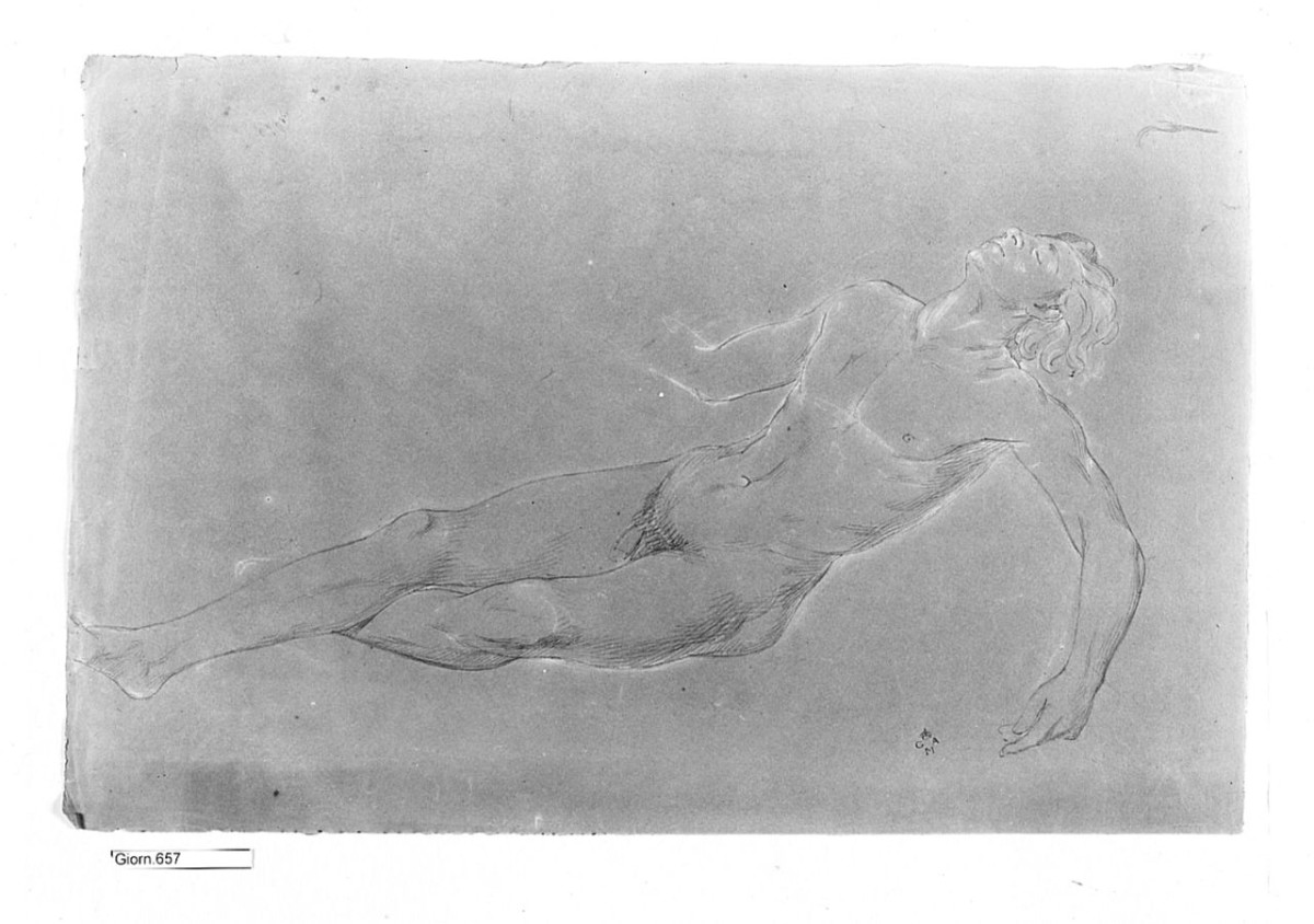 Nudo maschile sdraiato, (r.), Gambe, (v.), figura maschile, particolari anatomici (disegno) di Conti Giacomo (metà sec. XIX)
