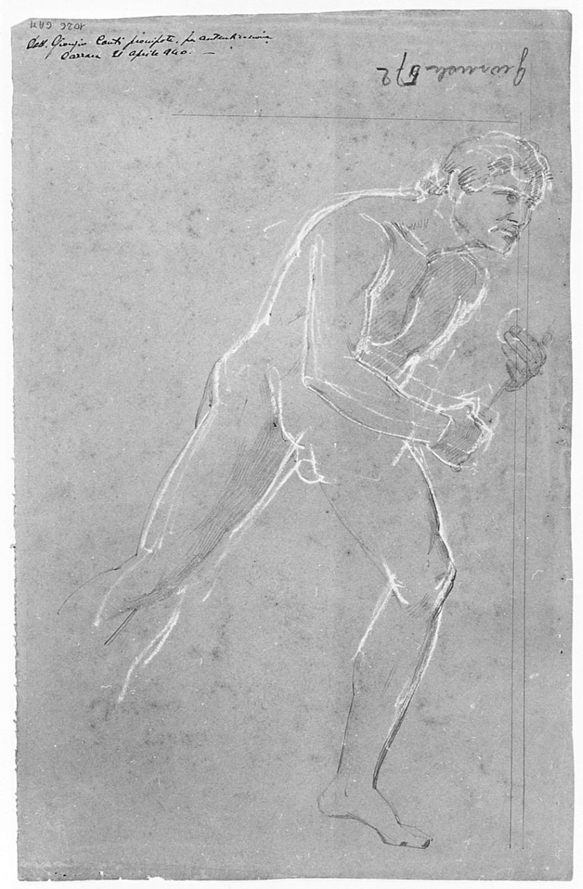 Nudo femminile, (r.), Nudo maschile, (v.), figura femminile nuda, figura maschile (disegno) di Conti Giacomo (metà sec. XIX)