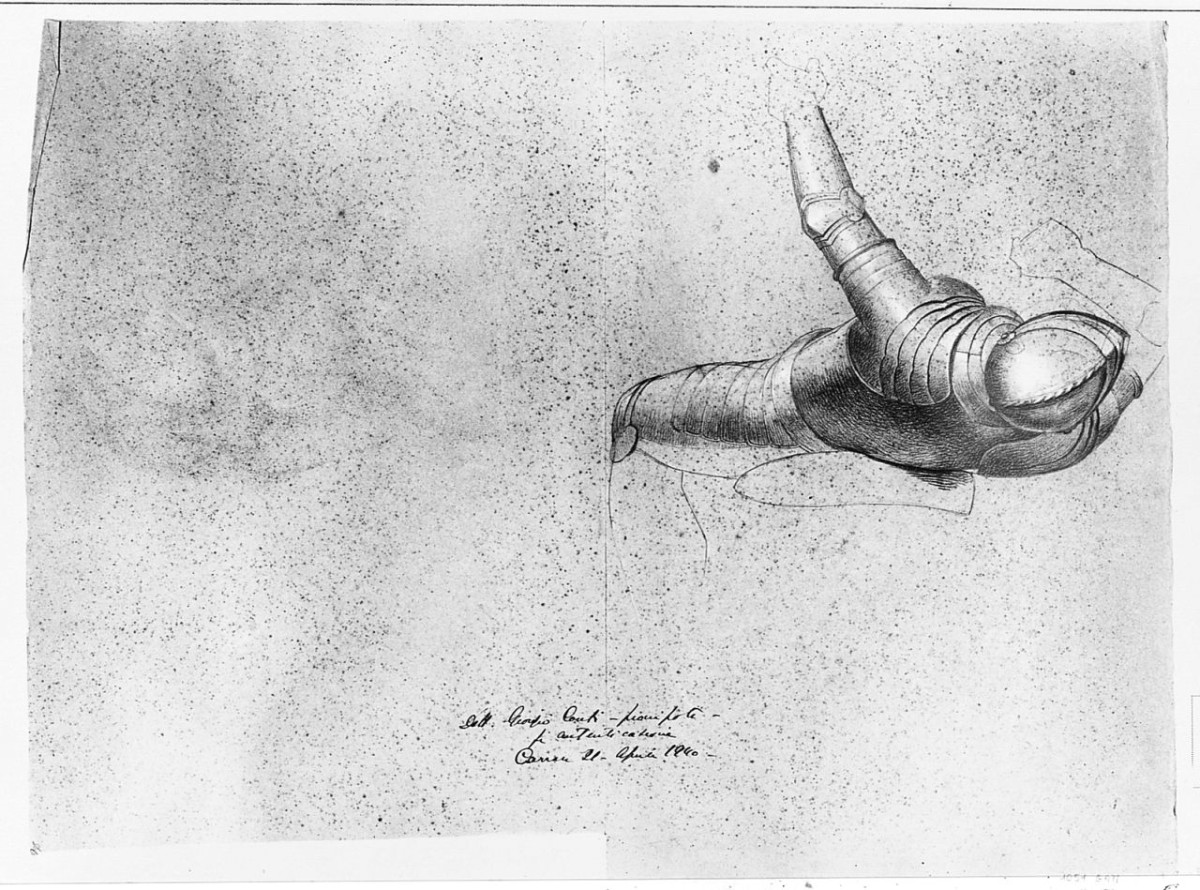 Figura in armatura, (r.), Figura in armatura, (v.), figura maschile, figura maschile (disegno) di Conti Giacomo (metà sec. XIX)