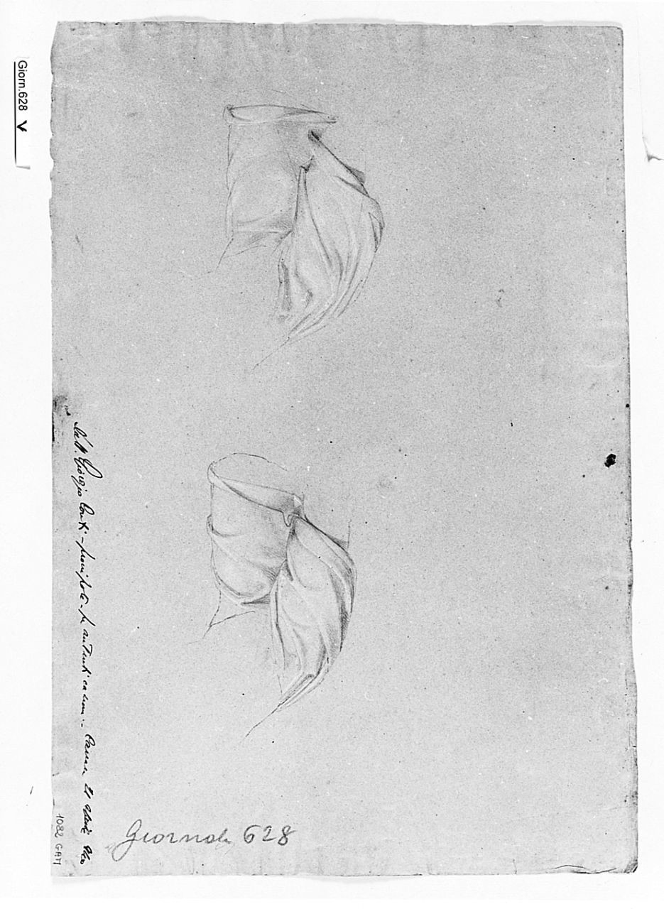Due nudi femminili, (r.), Due studi per panneggio, (v.), figure femminili, panneggio (disegno) di Conti Giacomo (metà sec. XIX)