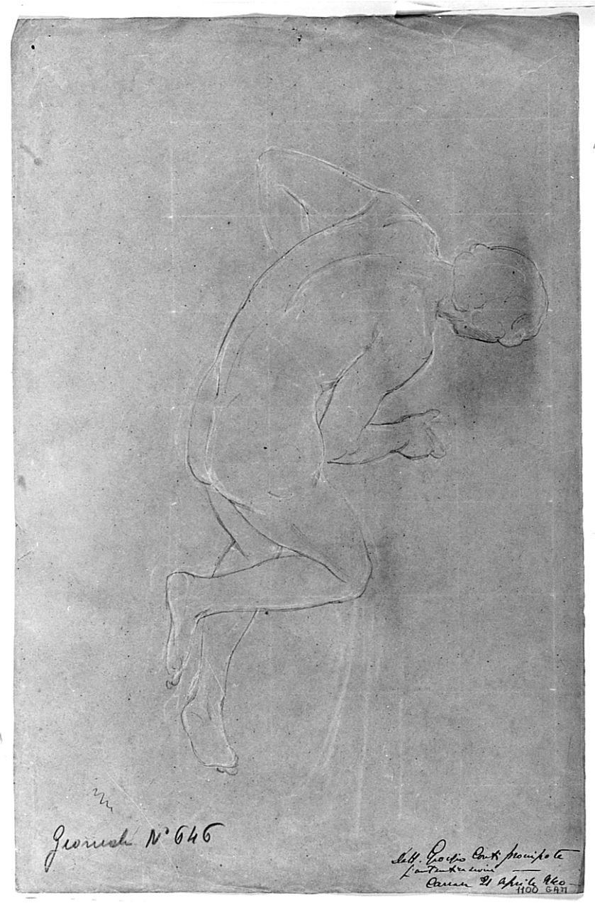 Figura ammantata e incappucciata, (r.), Nudo, (v.), figura maschile, figura maschile (disegno) di Conti Giacomo (metà sec. XIX)