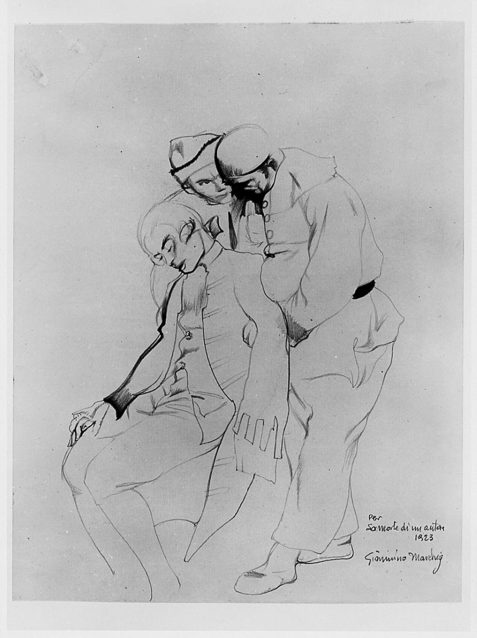 studio per La morte di un autore, figure maschili (disegno) di Marchig Giannino (sec. XX)