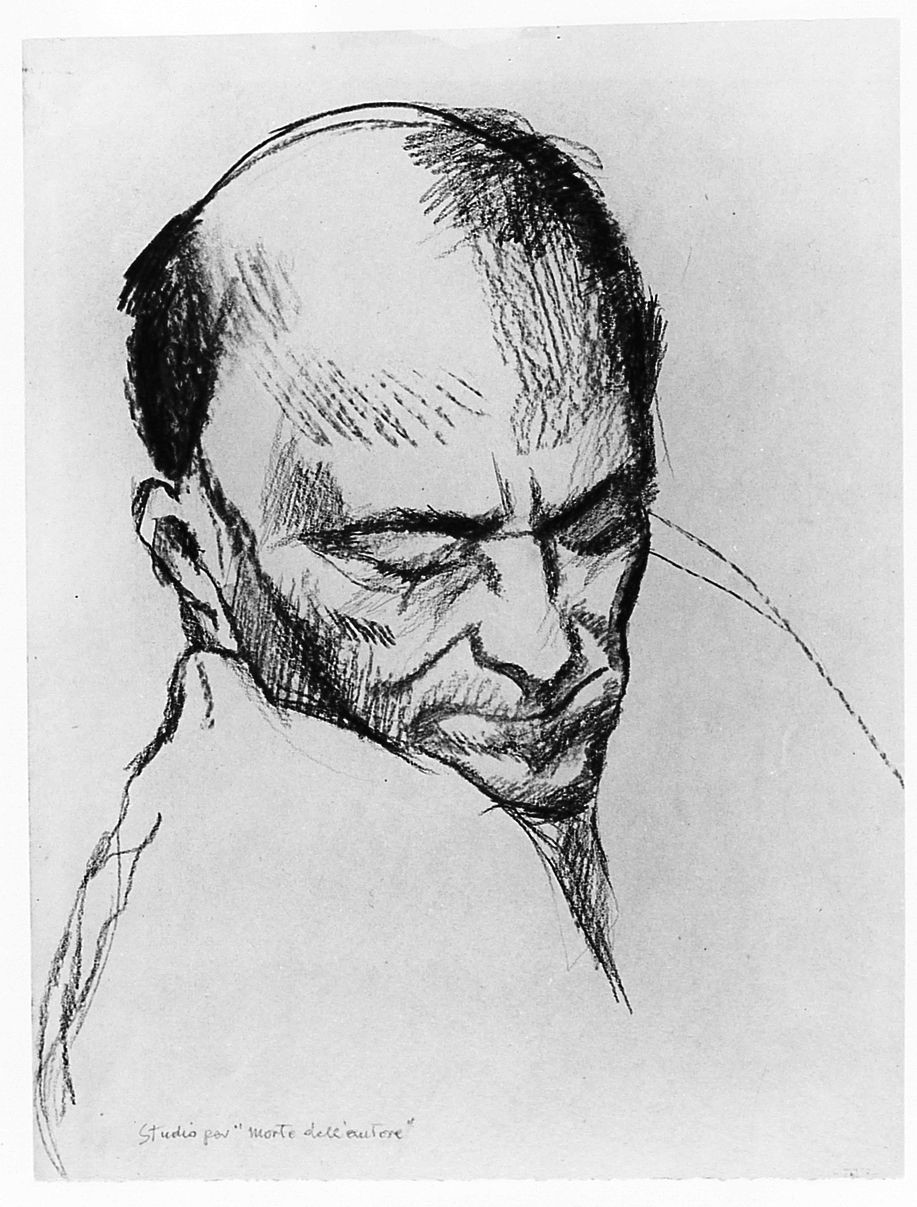 studio per La morte di un autore, testa d'uomo (disegno) di Marchig Giannino (sec. XX)