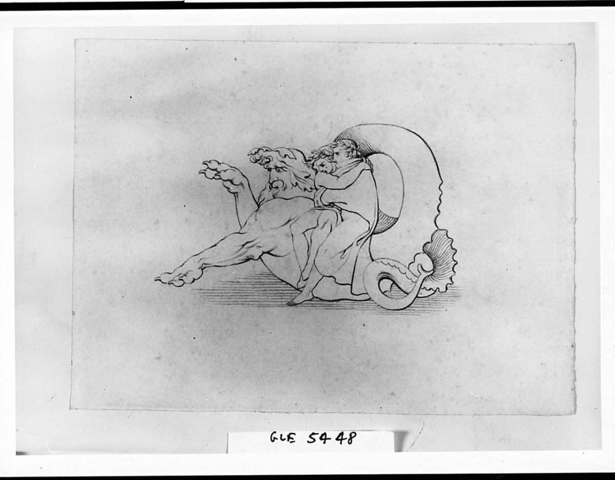 Dante e Virgilio a cavallo del mostro Gerione (disegno) di Saltini Pietro (terzo quarto sec. XIX)