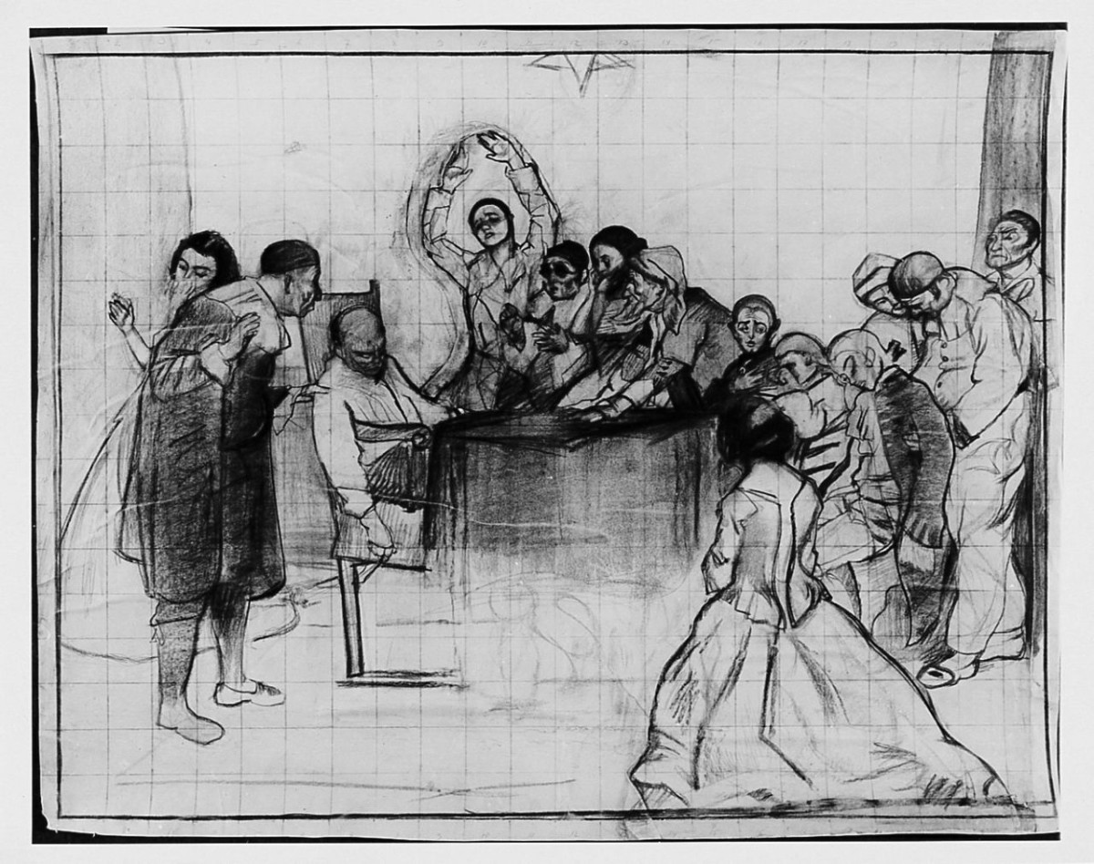 Morte di un autore, studio, interno con figure (disegno) di Marchig Giannino (sec. XX)