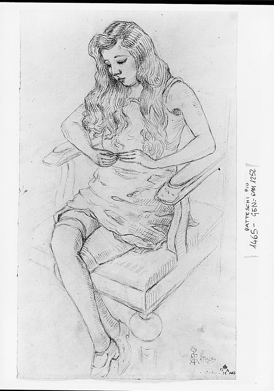 Fanciulla seduta, figura femminile seduta (disegno) di Gatteschi Roberto Pio (sec. XX)