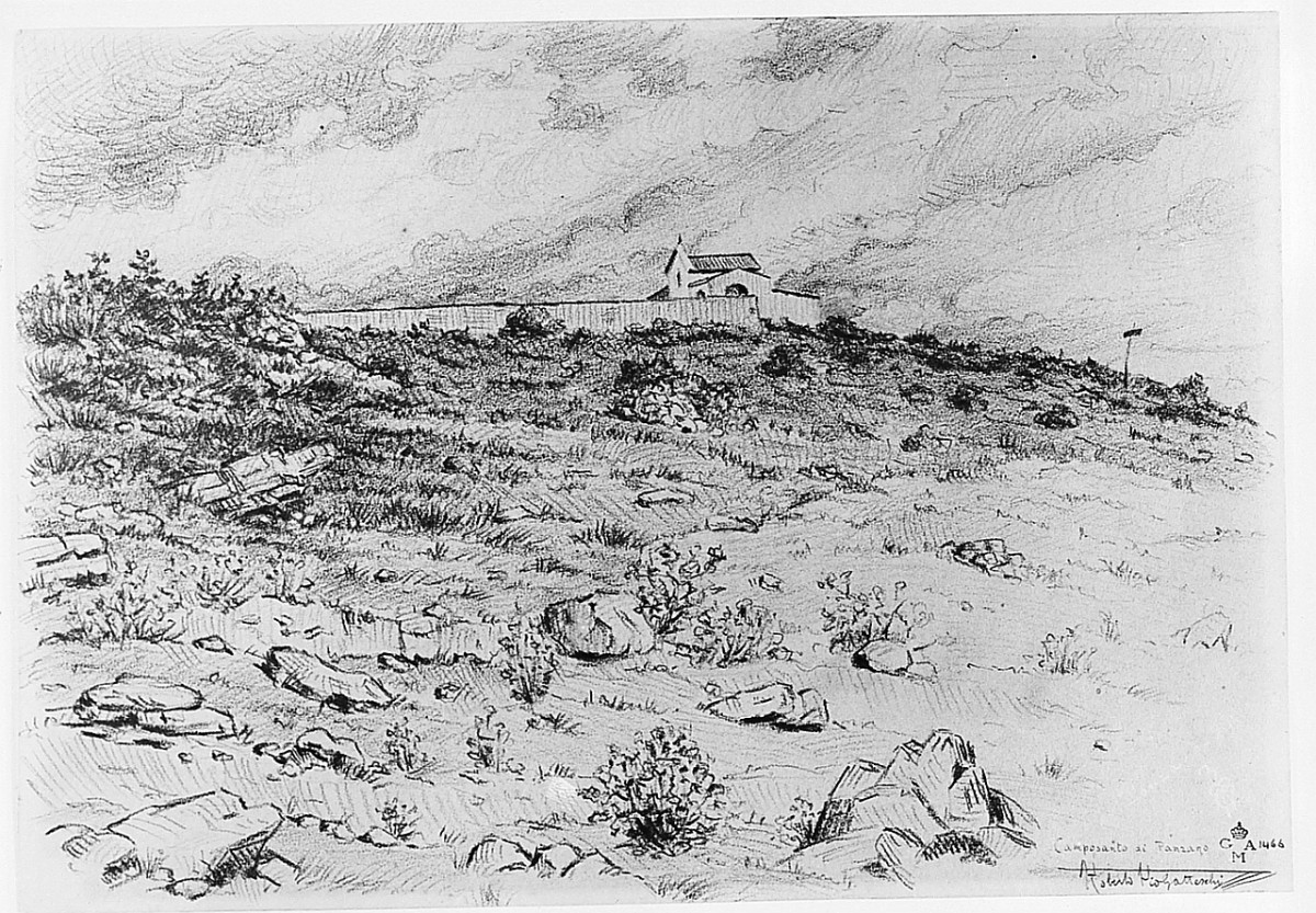 Camposanto di Panzano, paesaggio (disegno) di Gatteschi Roberto Pio, Gemito Vincenzo (sec. XX)