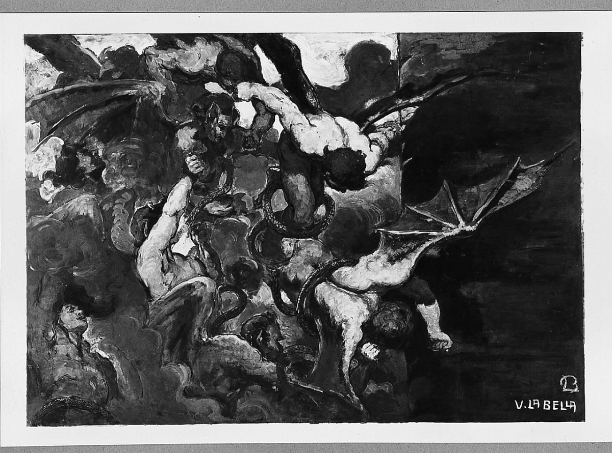 Dante e Virgilio osservano le anime dei dannati dalle rive dello Stige (disegno) di La Bella Vincenzo (sec. XX)