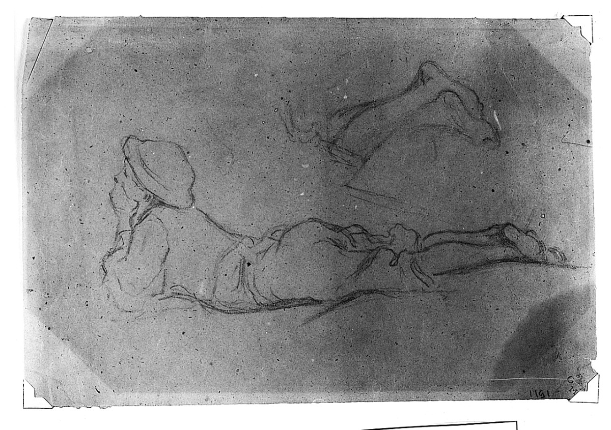 Ragazzo sdraiato e studio di gambe, figura maschile (disegno) di Fontanesi Antonio (sec. XIX)