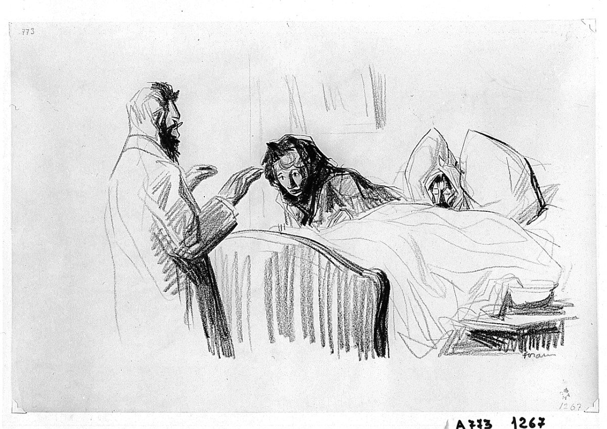 Malato nel letto, figure (disegno) di Forain Jean Louis (sec. XX)