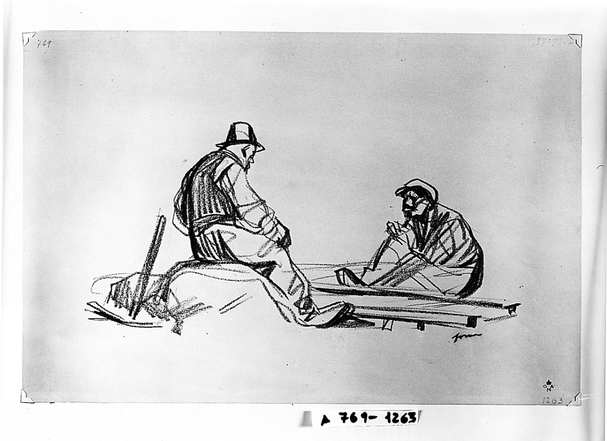 Due operai seduti, figure maschili (disegno) di Forain Jean Louis (sec. XX)