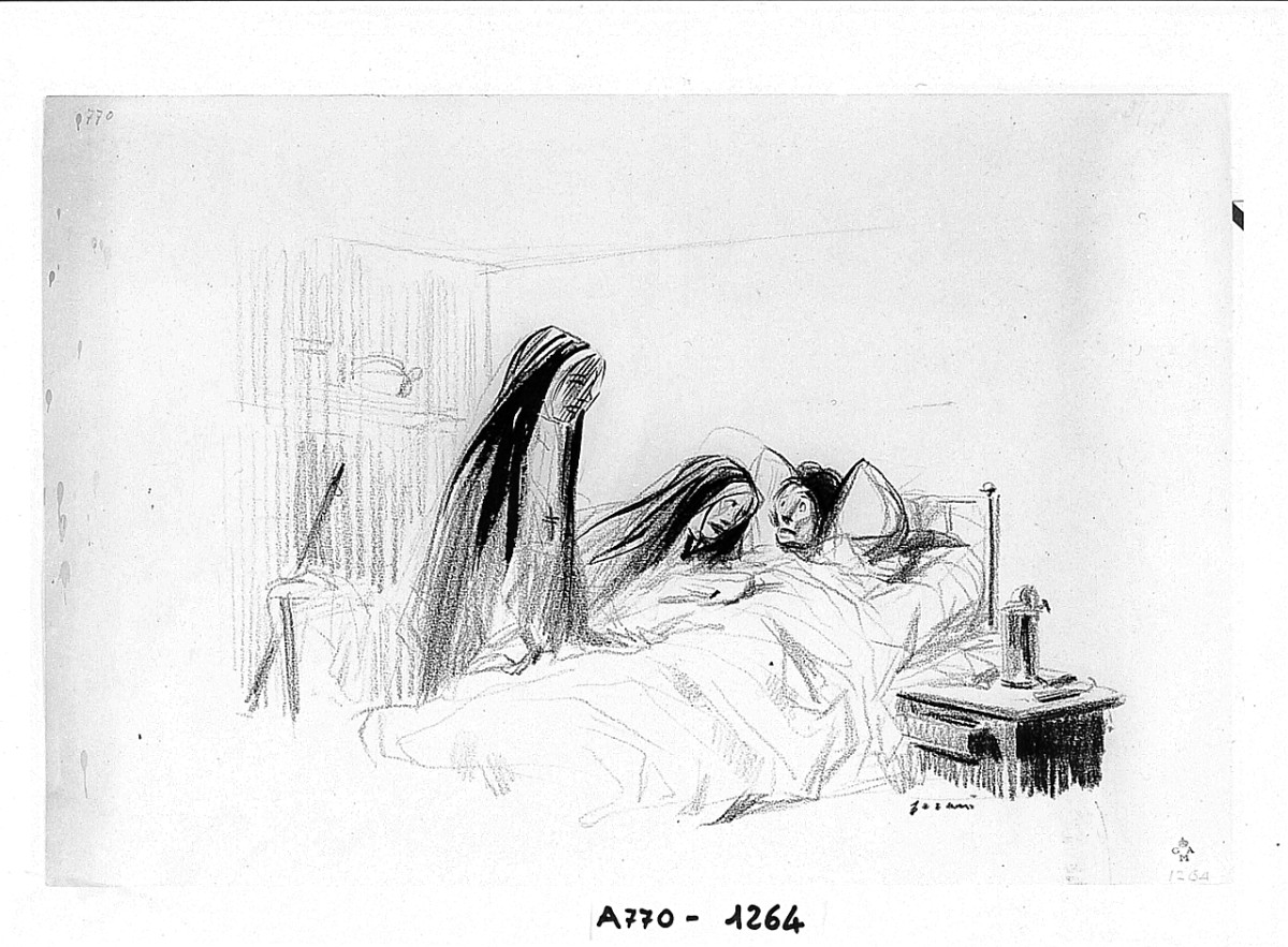 Infermo a letto, interno con figure (disegno) di Forain Jean Louis (sec. XX)