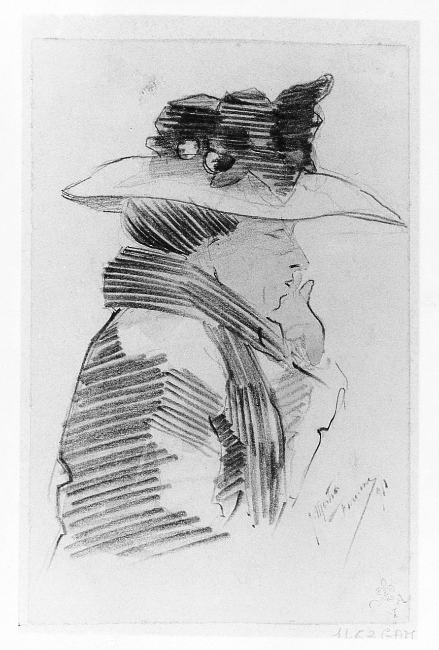 Signora con cappello, ritratto di donna (disegno) di Mestica Giovanni (sec. XX)