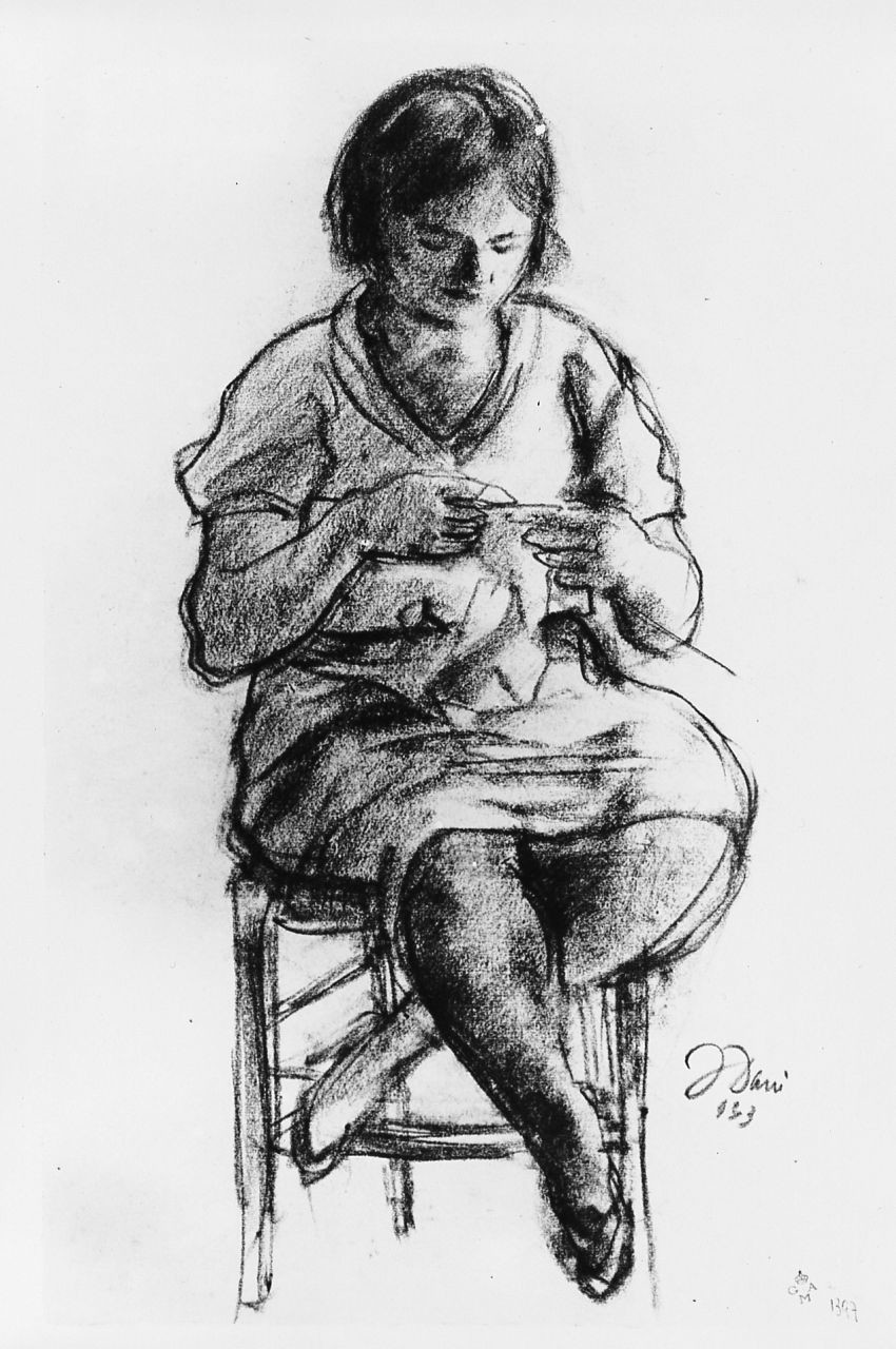 Ragazza che fa la calza, (r.), Donna alla macchina da cucire, (v.), figura femminile, figura femminile (disegno) di Dani Franco (sec. XX)