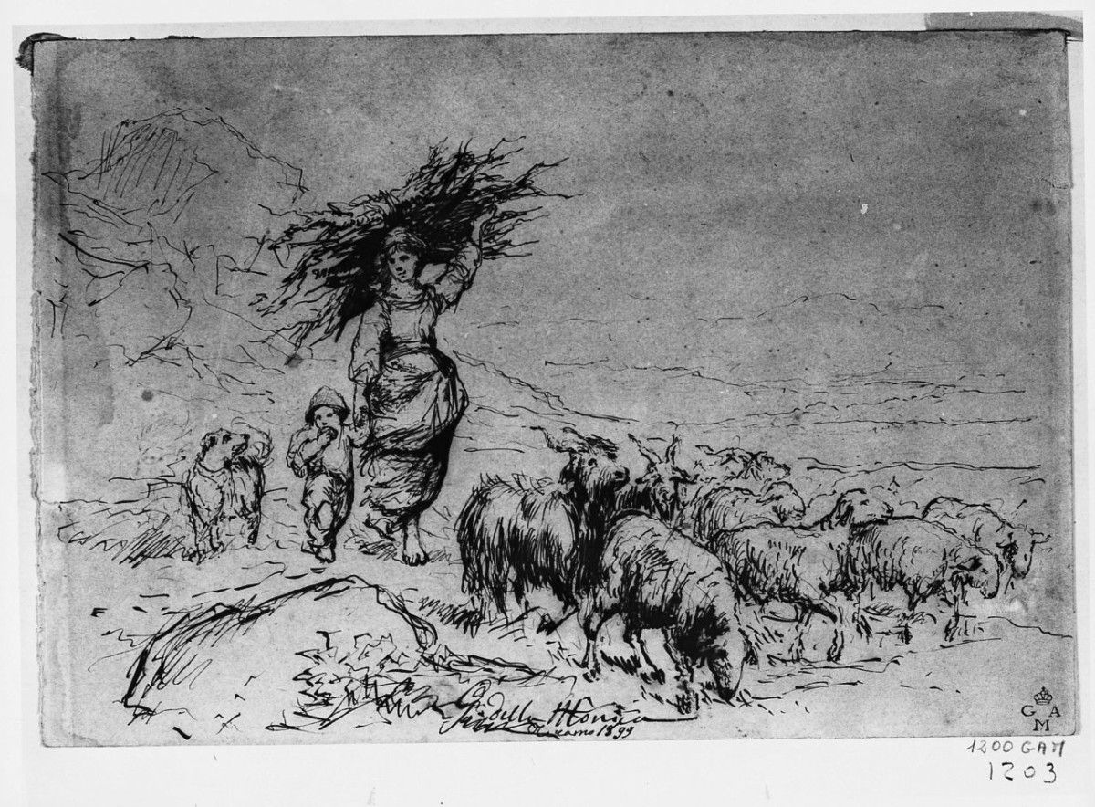 Pastorella con gregge, scena pastorale (disegno) di Della Monica Gennaro (sec. XIX)