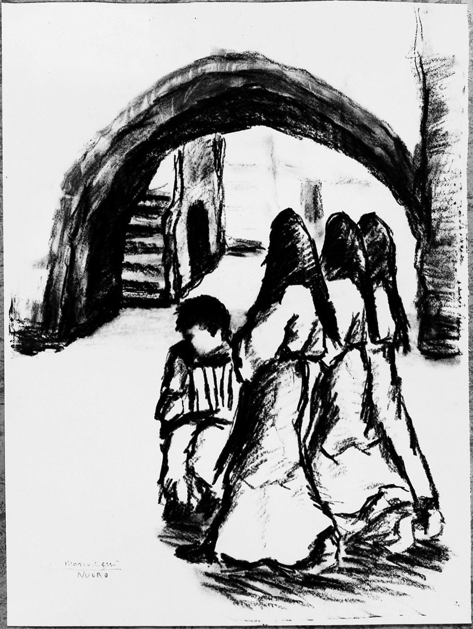 Ballo a Oliena, figure femminili (disegno) di Dessi Mario (sec. XX)