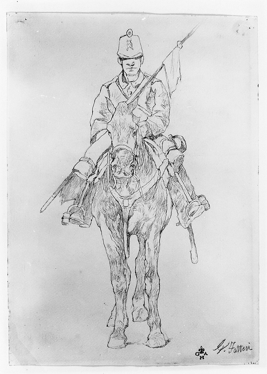 Soldato di cavalleria, figura maschile (disegno) di Fattori Giovanni (sec. XX)