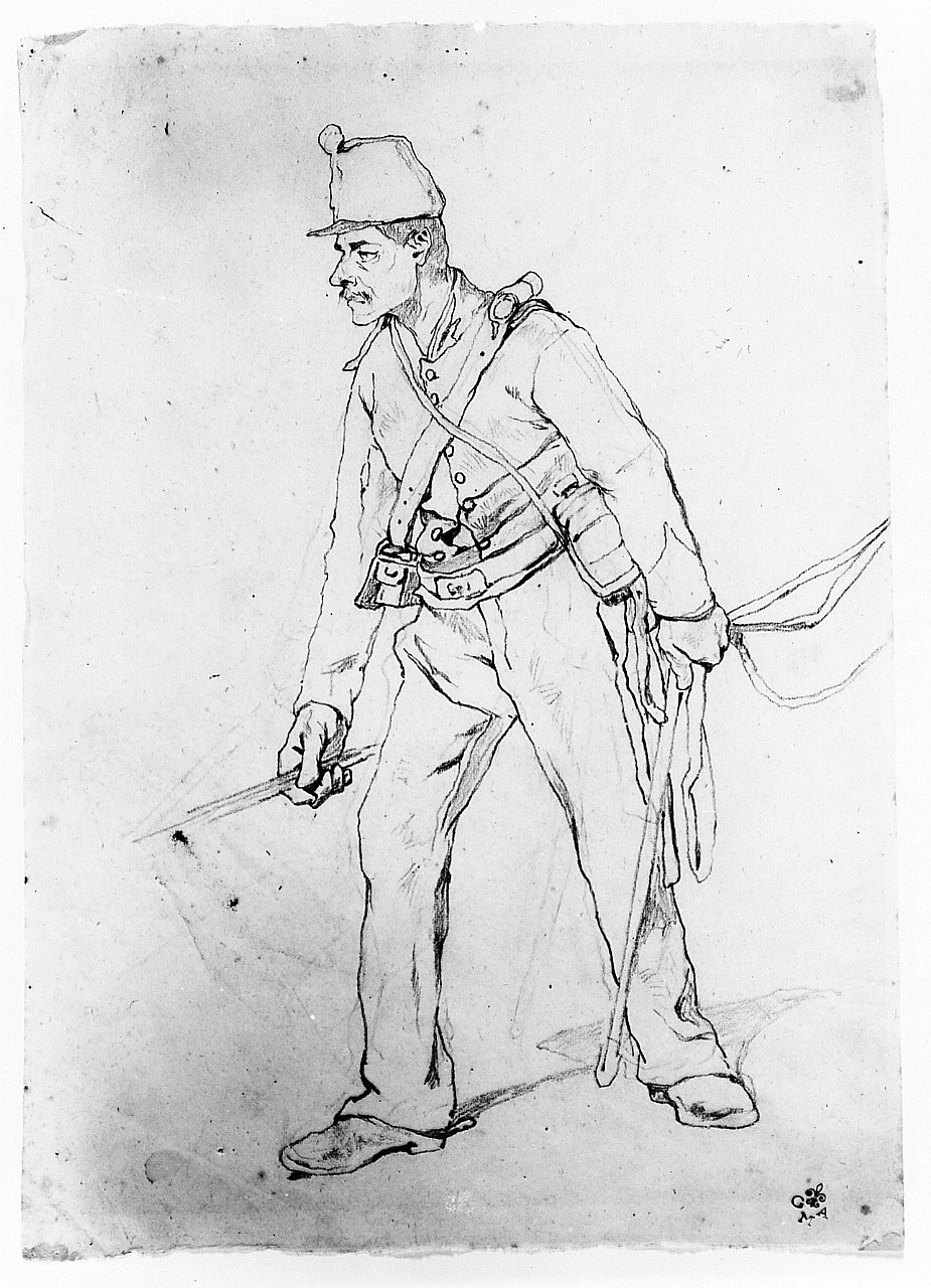 Soldato di cavalleria, figura maschile (disegno) di Fattori Giovanni (sec. XX)