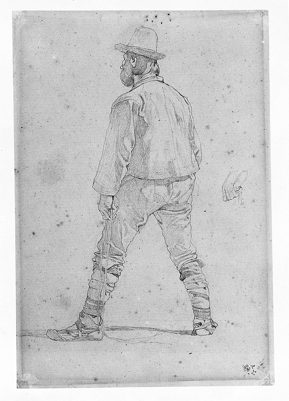 Buttero, (r.), Accampamento di soldati, (v.), figura maschile, figure maschili (disegno) di Fattori Giovanni (sec. XX)