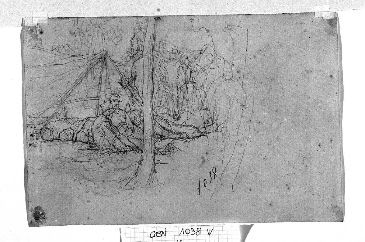 Buttero, (r.), Accampamento di soldati, (v.), figura maschile, figure maschili (disegno) di Fattori Giovanni (sec. XX)