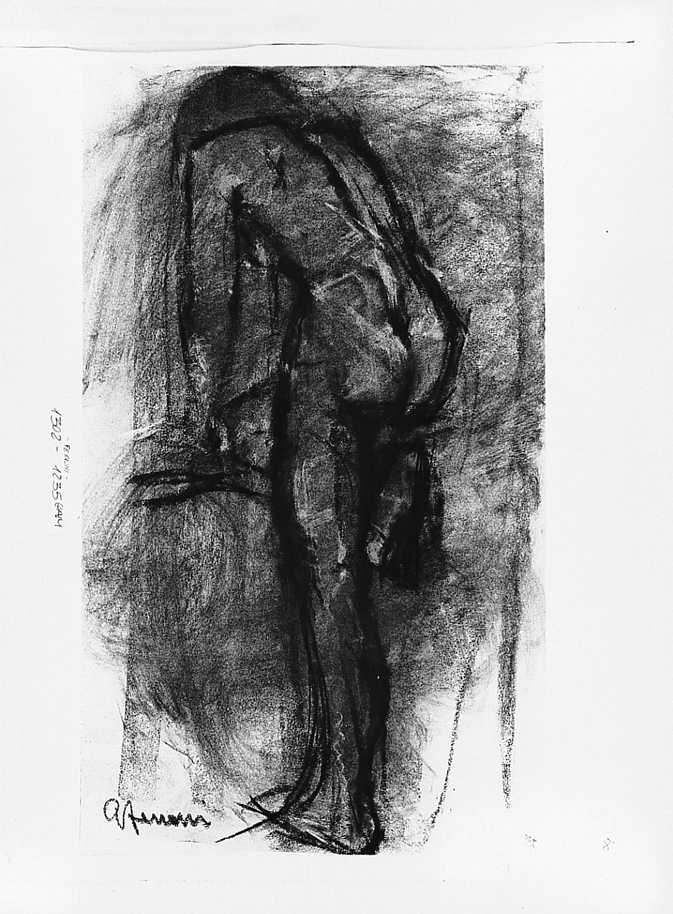 Donna nuda vista da tergo, (r.), Nudo seduto e studi di mano e di piede, (v.), figura femminile nuda, figura maschile (disegno) di Ferroni Guido (sec. XX)