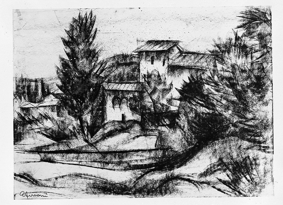 Paesaggio con alberi e case, paesaggio (disegno) di Ferroni Guido (sec. XX)