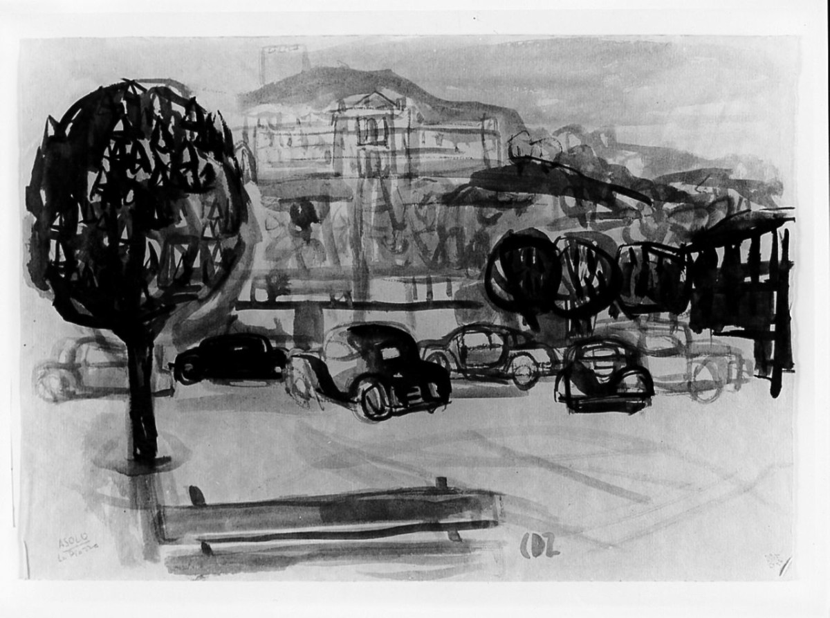 Asolo. La piazza, veduta di Asolo (disegno) di Dalla Zorza Carlo (sec. XX)
