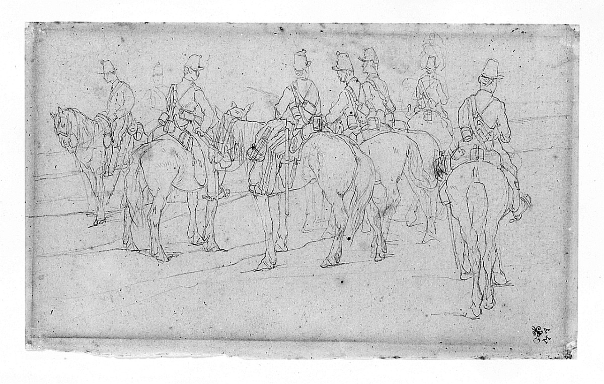 Plotone di cavalleggeri, (r.), Studi di figure e cavalli (v.), cavalieri, figure con animali (disegno) di Fattori Giovanni (sec. XX)