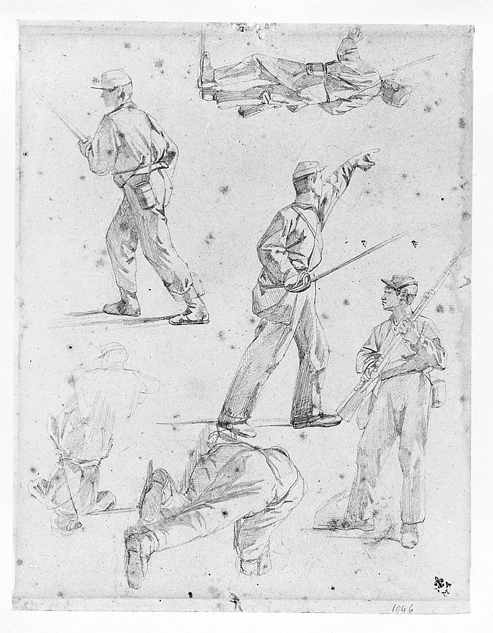 Studi di soldati (r.), Studio di monaca (v.) (disegno) di Fattori Giovanni (sec. XX)