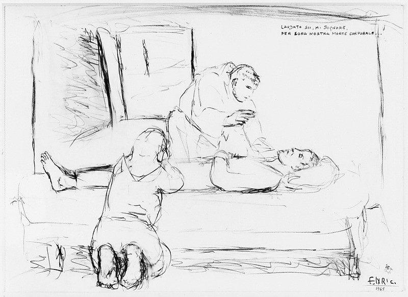 scena di vita francescana (disegno) di Maccioni Enrico (sec. XX)