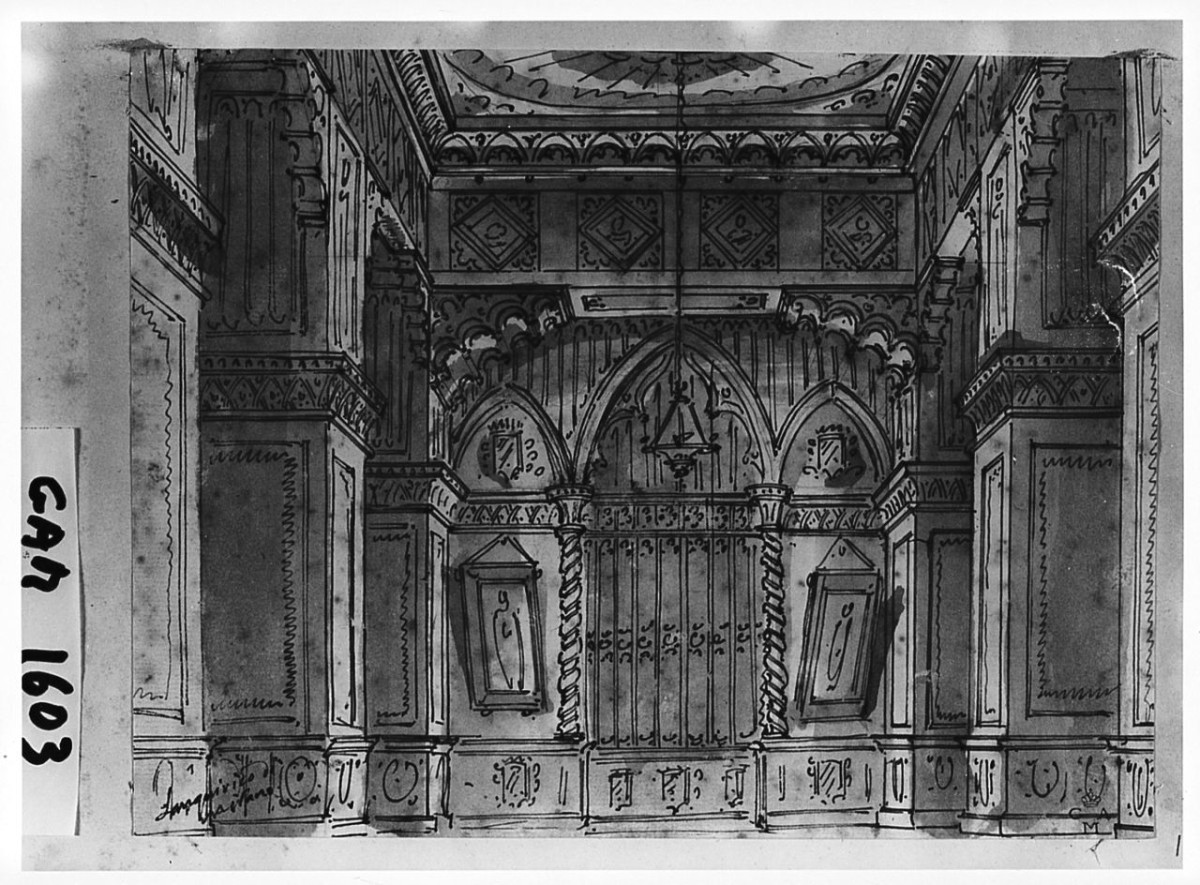 Interno neogotico: bozzetto scenografico, architettura (disegno) di Sanquirico Alessandro (prima metà sec. XIX)