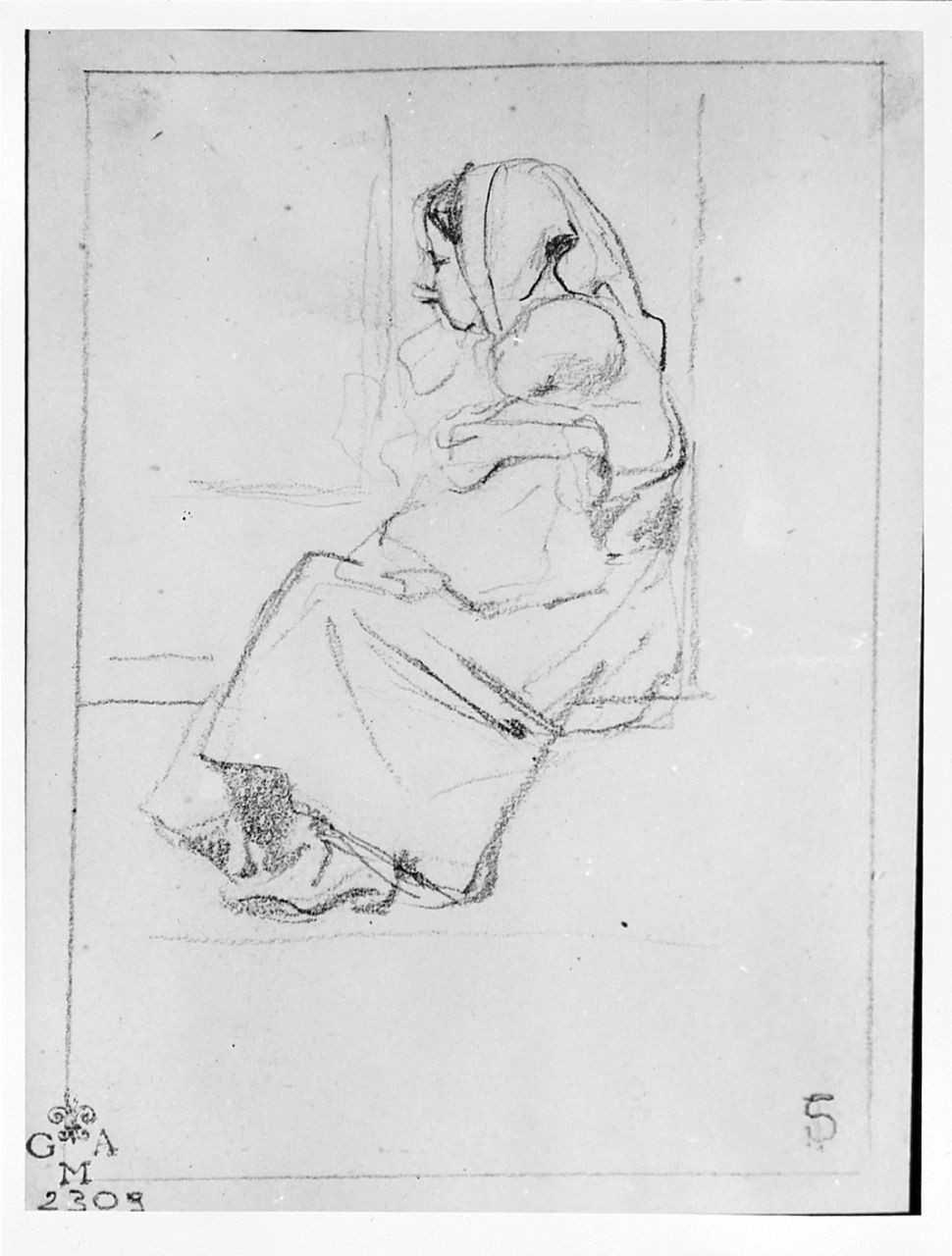 madre con bambino (disegno) di Signorini Telemaco (seconda metà sec. XIX)