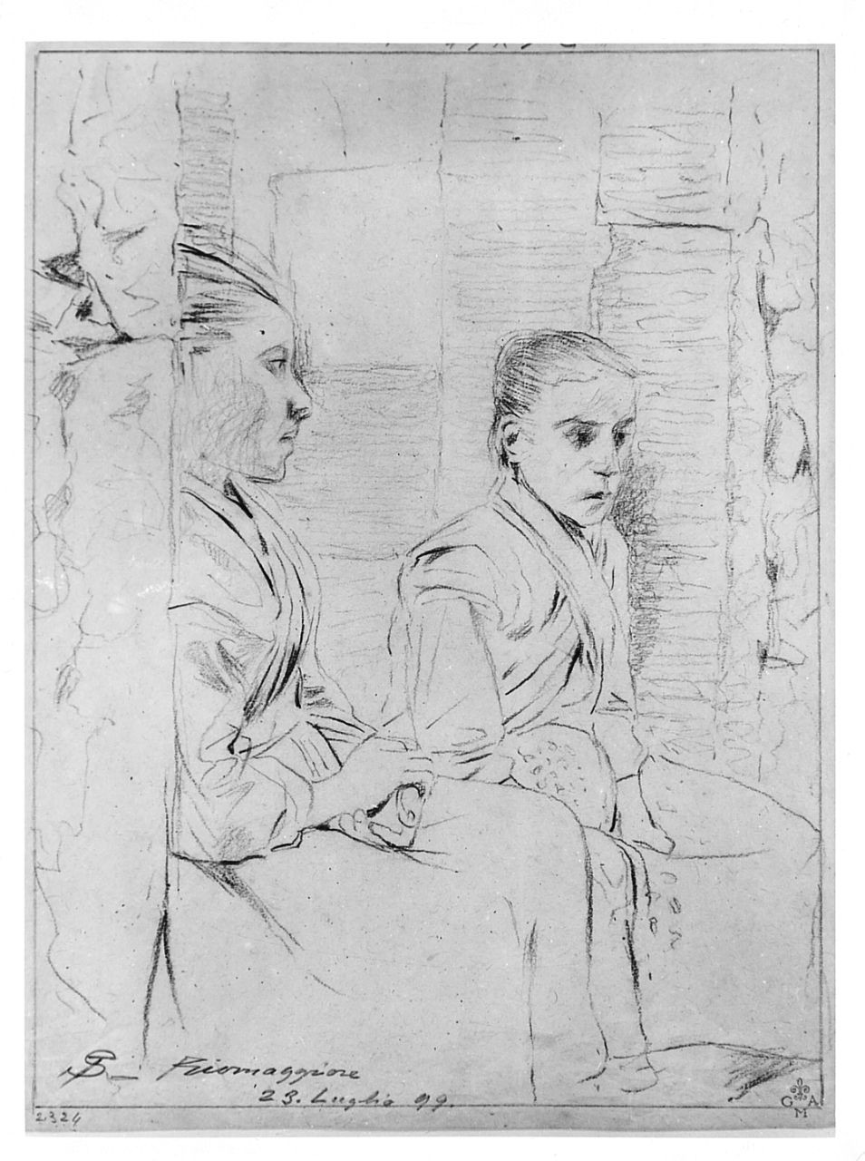 Riomaggiore, donne sedute (disegno) di Signorini Telemaco (sec. XIX)