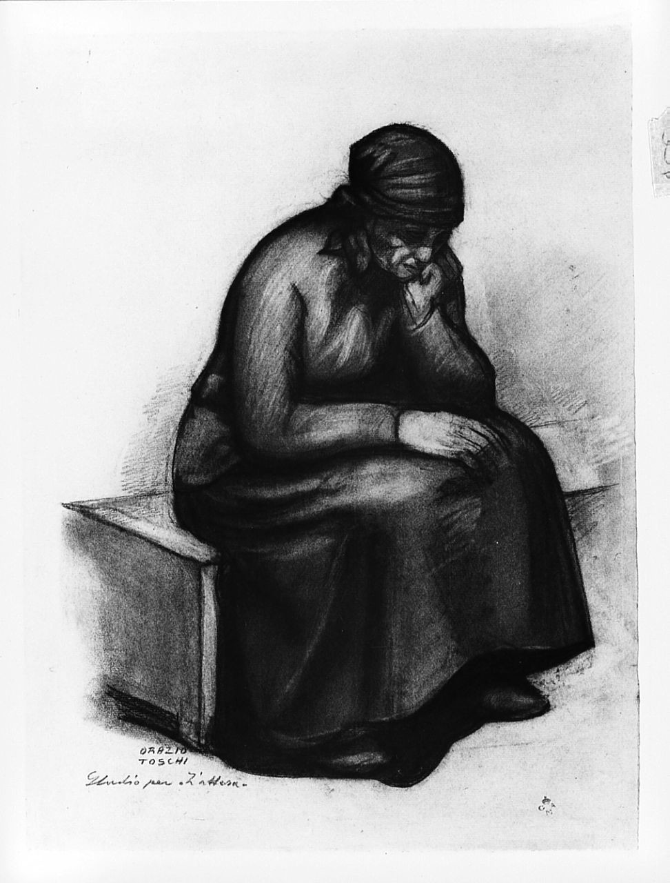 LAttesa, figura femminile seduta (disegno) di Toschi Orazio (sec. XX)